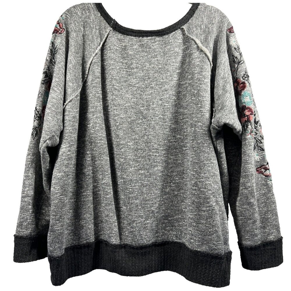Knox Rose Women Top‎ XL Embroidered Floral Raw Edges Raglan Sleeve Pullover Gray - Picture 2 of 8